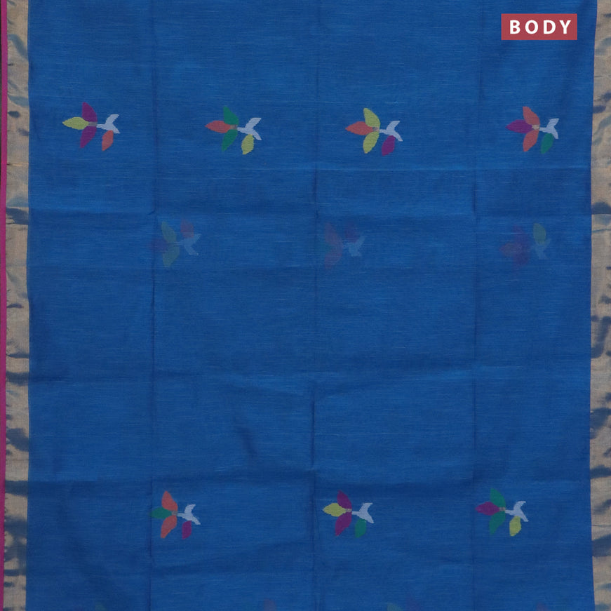 Jamdhani silk cotton saree cs blue with thread woven floral buttas and zari woven border