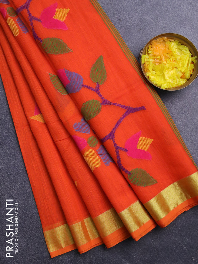 Jamdhani silk cotton saree orange with thread woven floral buttas and zari woven border