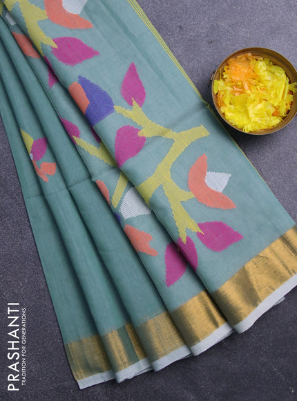 Jamdhani silk cotton saree pastel blue with thread woven floral buttas and zari woven border