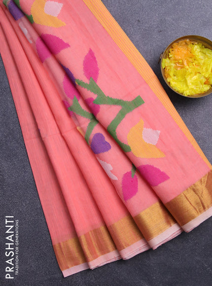 Jamdhani silk cotton saree peach orange with thread woven floral buttas and zari woven border