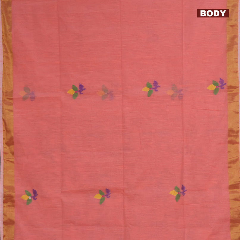 Jamdhani silk cotton saree peach orange with thread woven floral buttas and zari woven border