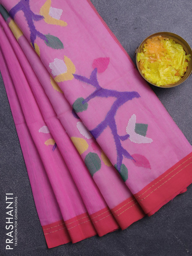 Jamdhani silk cotton saree light pink with thread woven floral buttas and simple border