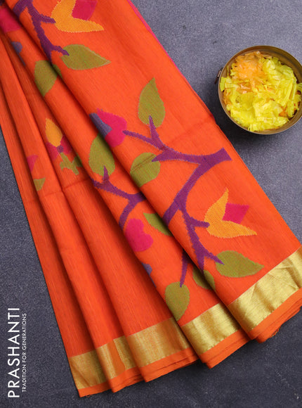 Jamdhani silk cotton saree orange with thread woven floral buttas and zari woven border