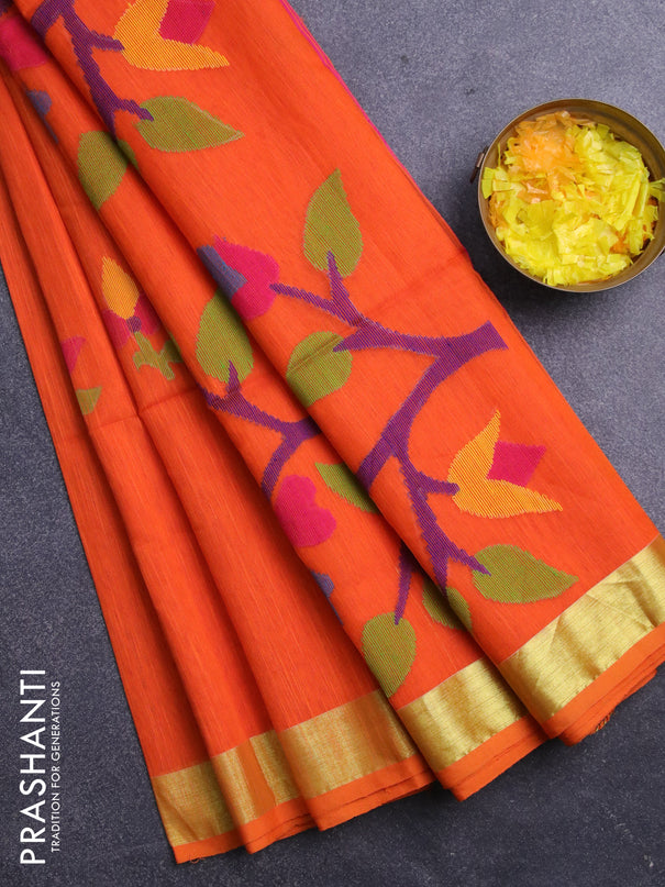 Jamdhani silk cotton saree orange with thread woven floral buttas and zari woven border