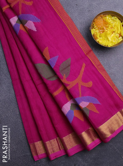 Jamdhani silk cotton saree pink with thread woven floral buttas and zari woven border