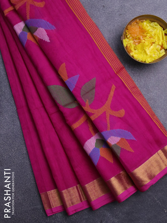 Jamdhani silk cotton saree pink with thread woven floral buttas and zari woven border