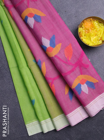 Jamdhani silk cotton saree light green and light pink with thread woven floral buttas and simple border