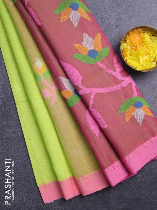 Jamdhani silk cotton saree fluorescent green and pink shade with thread woven floral buttas and simple border