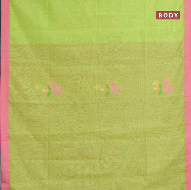 Jamdhani silk cotton saree fluorescent green and pink shade with thread woven floral buttas and simple border