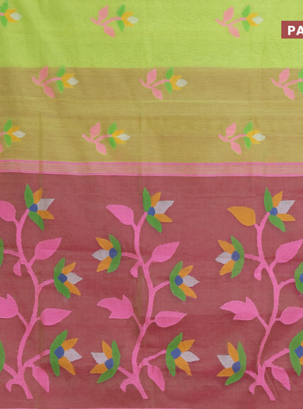 Jamdhani silk cotton saree fluorescent green and pink shade with thread woven floral buttas and simple border