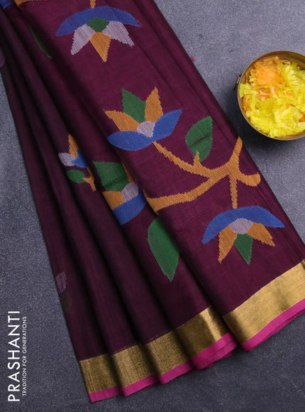 Jamdhani silk cotton saree wine shade with thread woven floral buttas and zari woven border