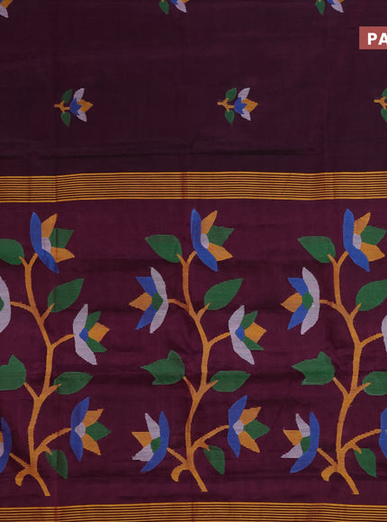 Jamdhani silk cotton saree wine shade with thread woven floral buttas and zari woven border