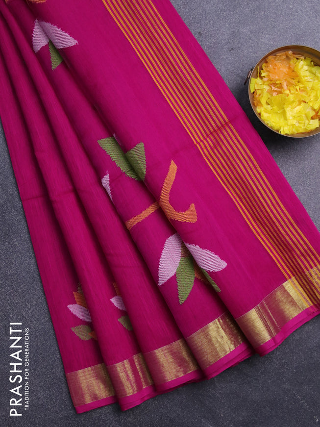 Jamdhani silk cotton saree pink with thread woven floral buttas and zari woven border