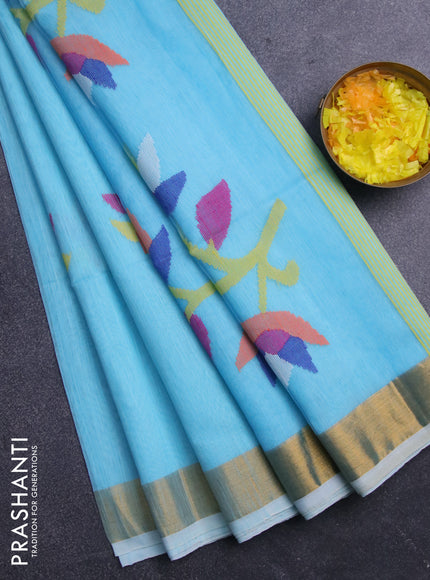 Jamdhani silk cotton saree light blue with thread woven floral buttas and zari woven border