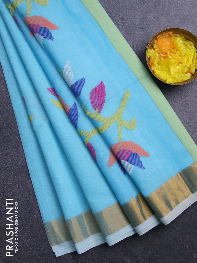 Jamdhani silk cotton saree light blue with thread woven floral buttas and zari woven border