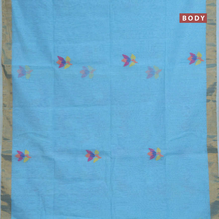 Jamdhani silk cotton saree light blue with thread woven floral buttas and zari woven border