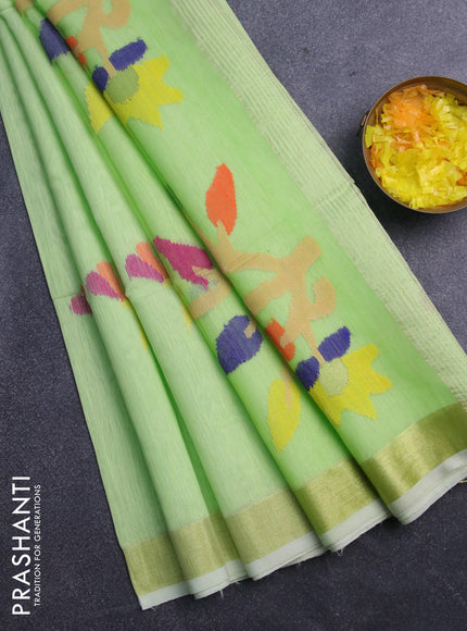 Jamdhani silk cotton saree pista green with thread woven floral buttas and zari woven border