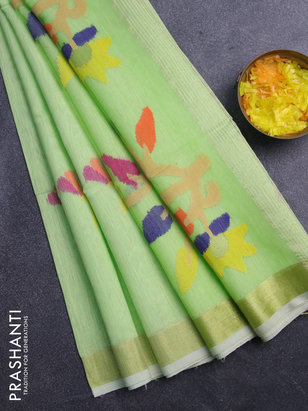 Jamdhani silk cotton saree pista green with thread woven floral buttas and zari woven border