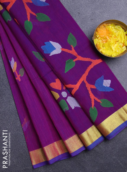 Jamdhani silk cotton saree magenta pink with thread woven floral buttas and zari woven border