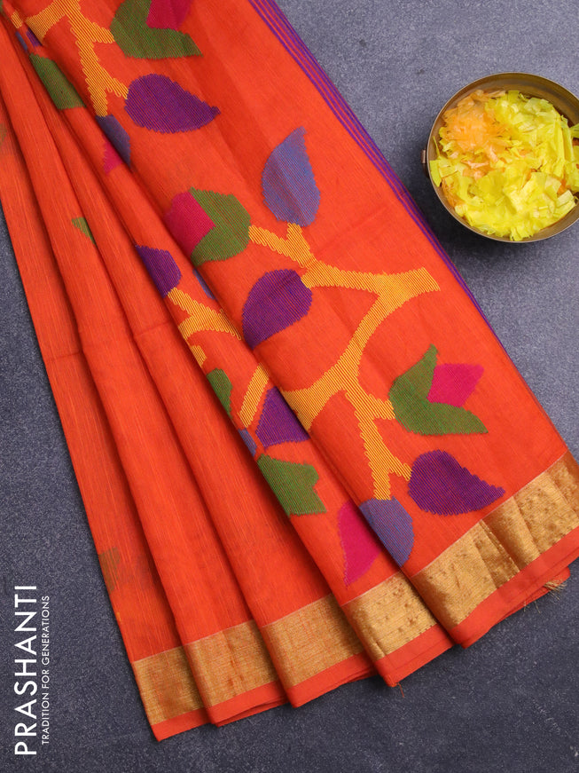 Jamdhani silk cotton saree orange with thread woven floral buttas and zari woven border