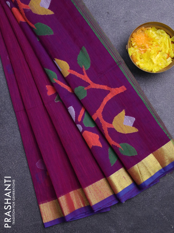 Jamdhani silk cotton saree magenta pink with thread woven floral buttas and zari woven border