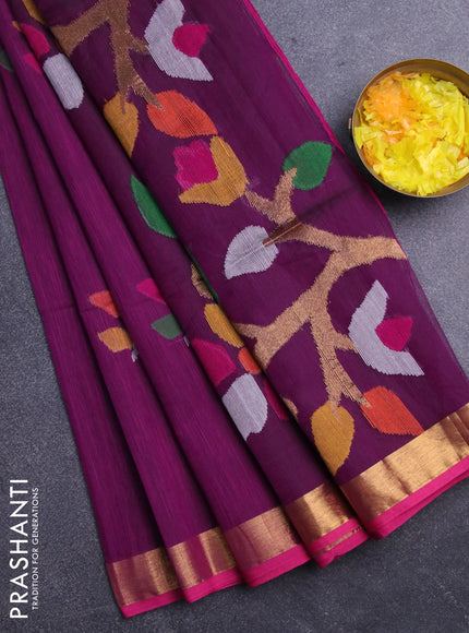 Jamdhani silk cotton saree deep purple with thread woven floral buttas and zari woven border