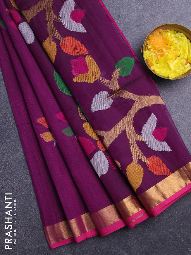 Jamdhani silk cotton saree deep purple with thread woven floral buttas and zari woven border