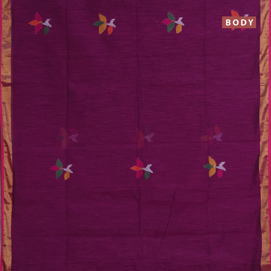 Jamdhani silk cotton saree deep purple with thread woven floral buttas and zari woven border