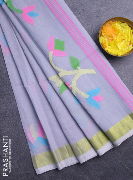 Jamdhani silk cotton saree pastel grey with thread woven floral buttas and zari woven border