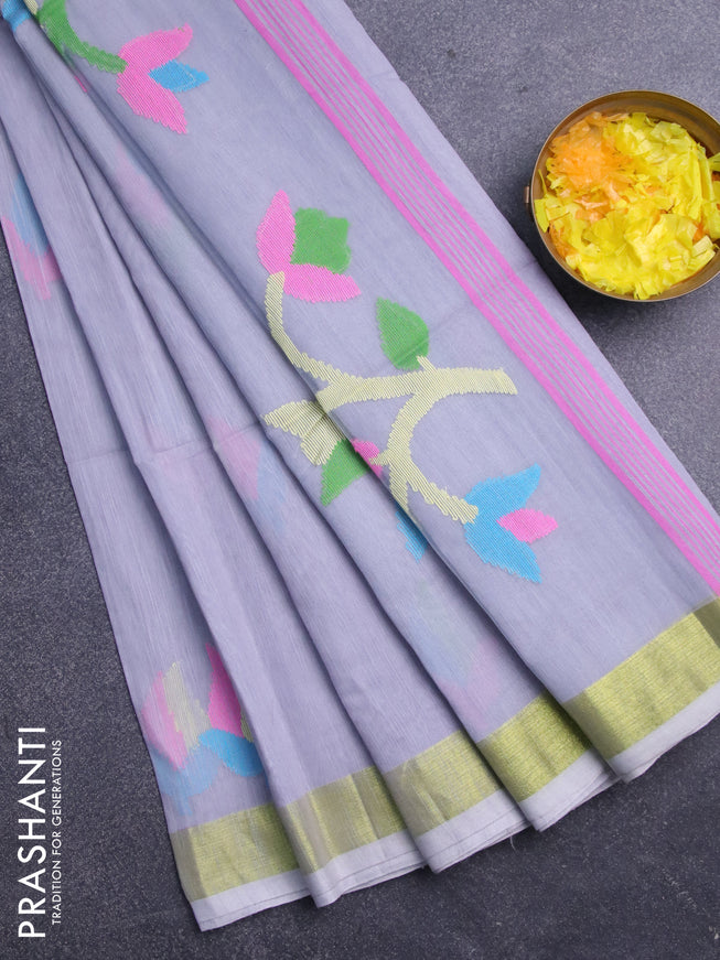 Jamdhani silk cotton saree pastel grey with thread woven floral buttas and zari woven border