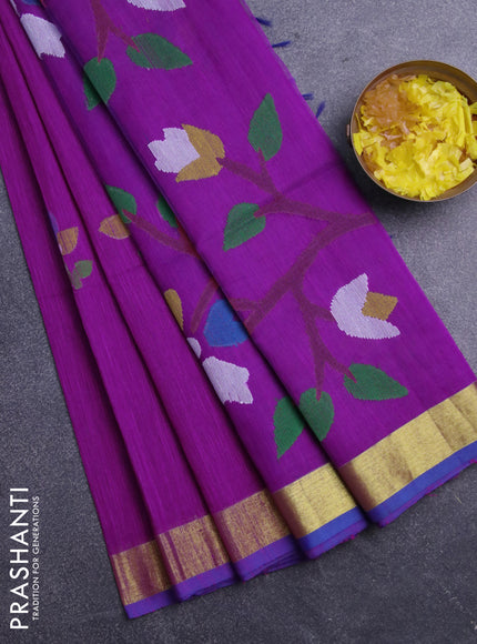 Jamdhani silk cotton saree magenta pink with thread woven floral buttas and zari woven border