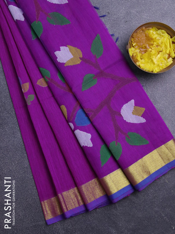 Jamdhani silk cotton saree magenta pink with thread woven floral buttas and zari woven border