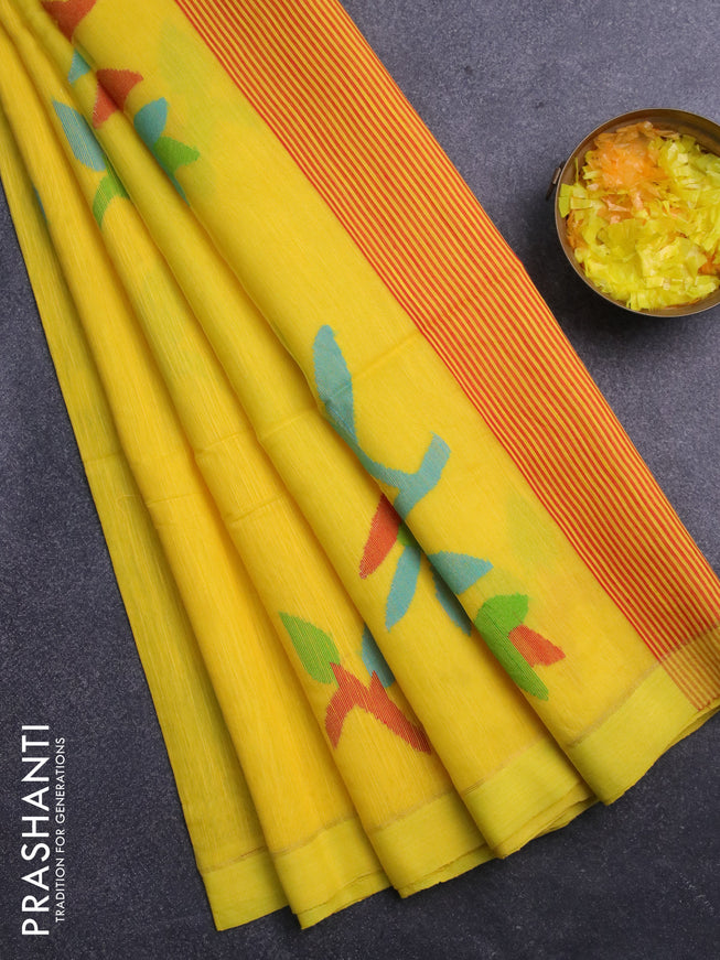 Jamdhani silk cotton saree yellow with thread woven floral buttas and simple border