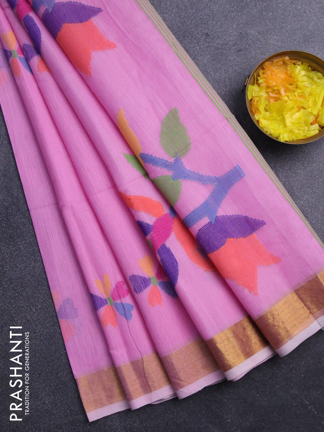 Jamdhani silk cotton saree light pink with thread woven floral buttas and zari woven border