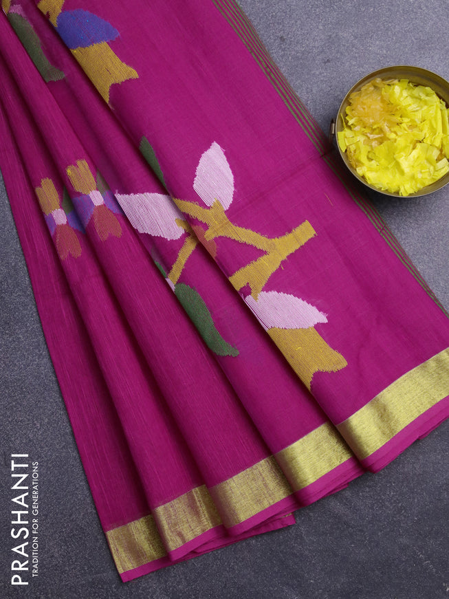 Jamdhani silk cotton saree magenta pink with thread woven floral buttas and zari woven border