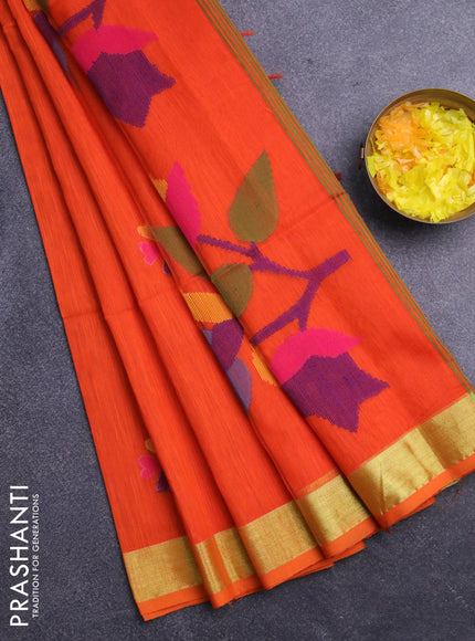 Jamdhani silk cotton saree orange with thread woven floral buttas and zari woven border