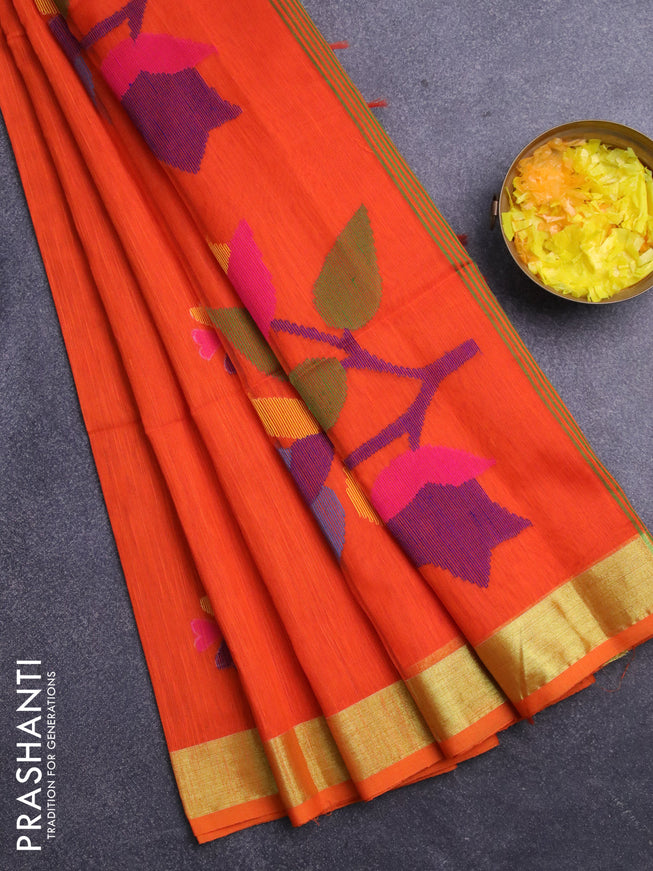 Jamdhani silk cotton saree orange with thread woven floral buttas and zari woven border