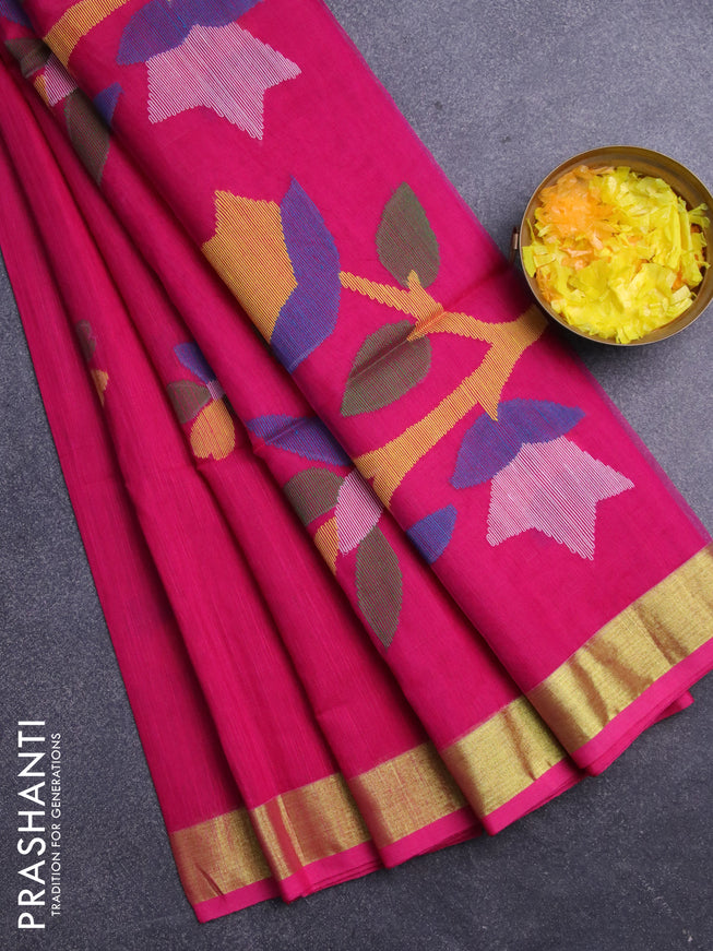 Jamdhani silk cotton saree magenta pink with thread woven floral buttas and zari woven border