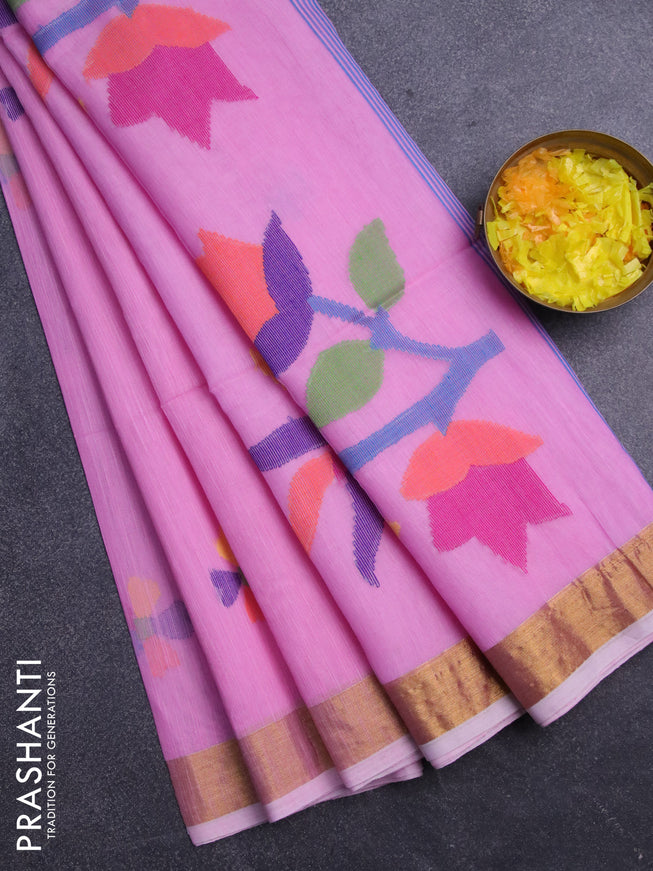 Jamdhani silk cotton saree light pink with thread woven floral buttas and zari woven border