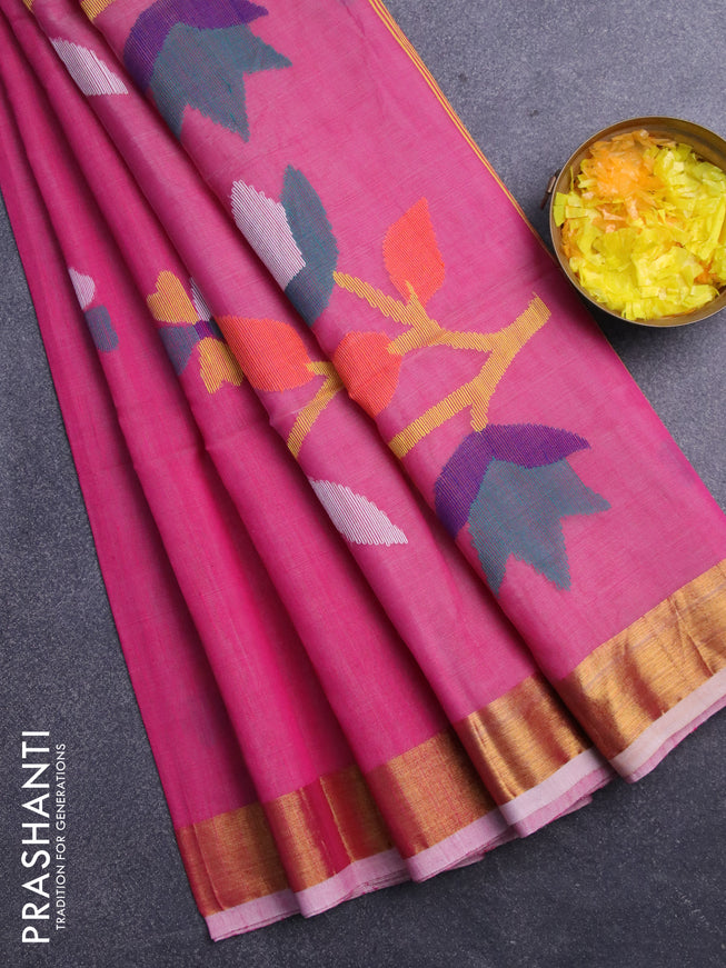 Jamdhani silk cotton saree pink with thread woven floral buttas and zari woven border