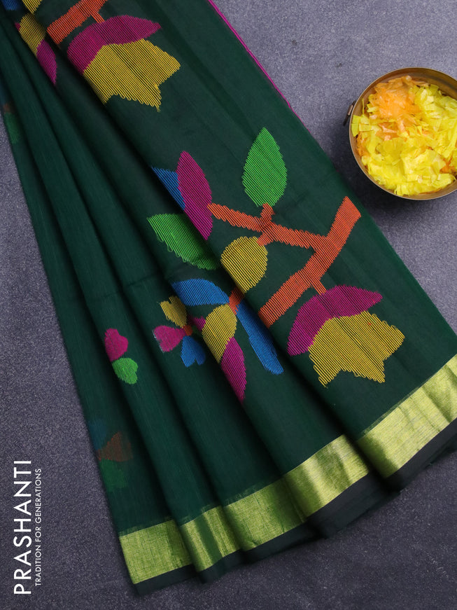 Jamdhani silk cotton saree bottle green with thread woven floral buttas and zari woven border