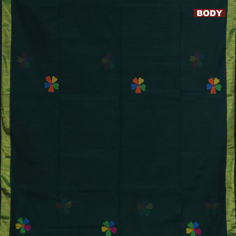 Jamdhani silk cotton saree bottle green with thread woven floral buttas and zari woven border