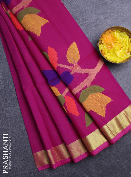 Jamdhani silk cotton saree dark pink with thread woven floral buttas and zari woven border