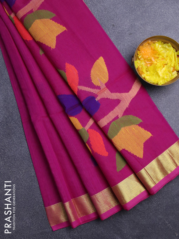 Jamdhani silk cotton saree dark pink with thread woven floral buttas and zari woven border