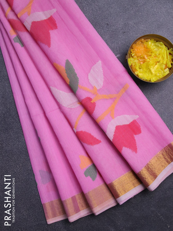 Jamdhani silk cotton saree light pink with thread woven floral buttas and zari woven border