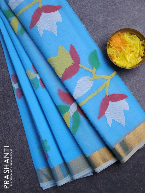 Jamdhani silk cotton saree light blue with thread woven floral buttas and zari woven border