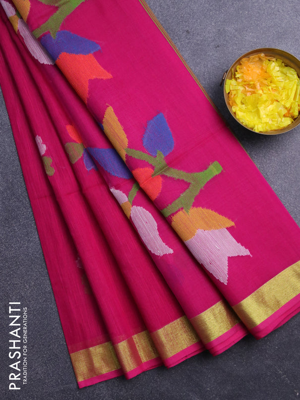 Jamdhani silk cotton saree magenta pink with thread woven floral buttas and zari woven border