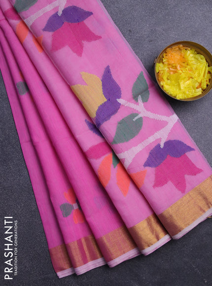 Jamdhani silk cotton saree light pink with thread woven floral buttas and zari woven border