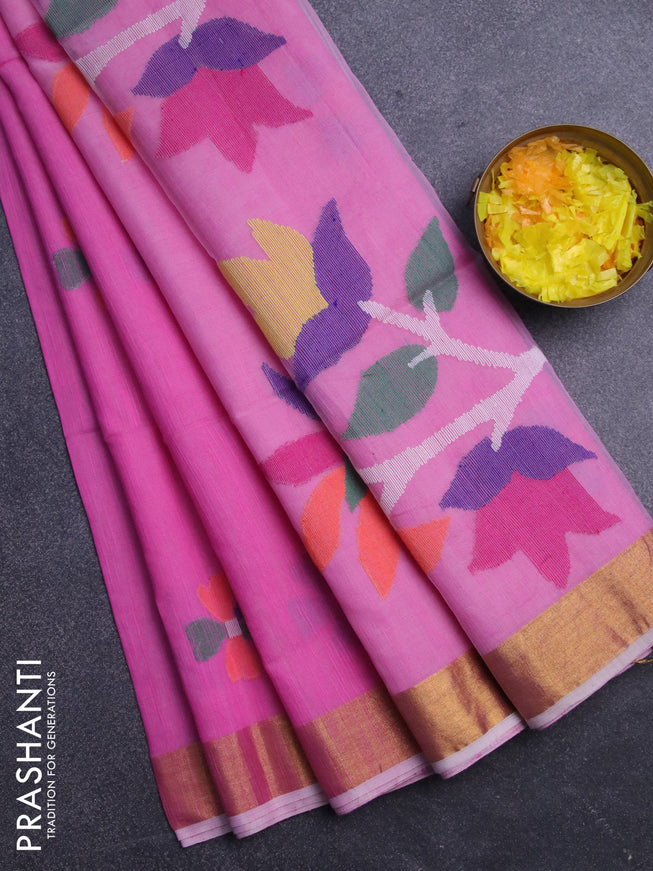 Jamdhani silk cotton saree light pink with thread woven floral buttas and zari woven border