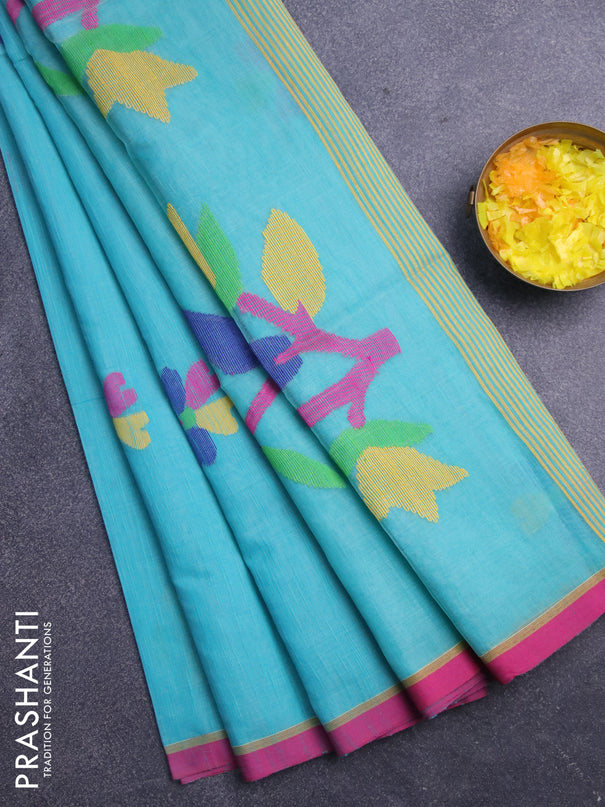 Jamdhani silk cotton saree teal blue and pink with thread woven floral buttas and piping border